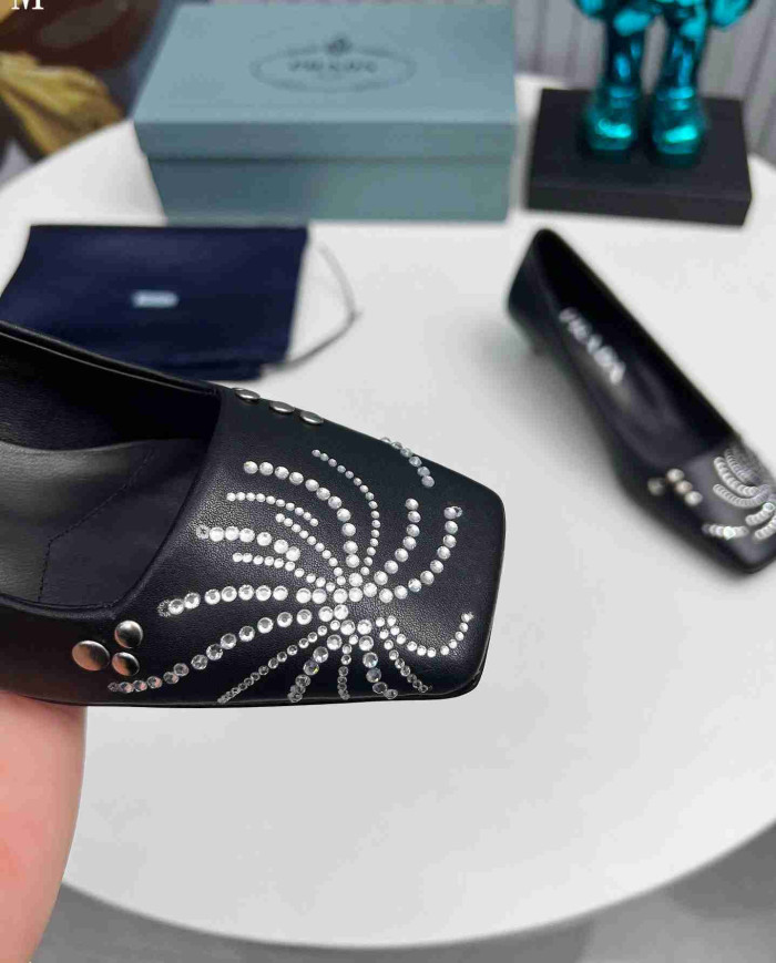 Prada Style Square Toe Rhinestone Low Heel Pumps