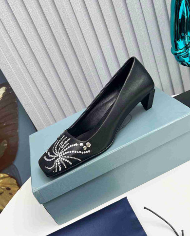 Prada Style Square Toe Rhinestone Low Heel Pumps