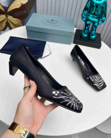 Prada Style Square Toe Rhinestone Low Heel Pumps