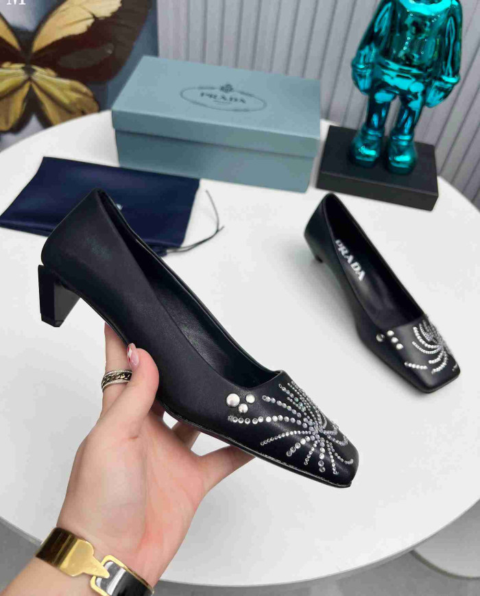 Prada Style Square Toe Rhinestone Low Heel Pumps