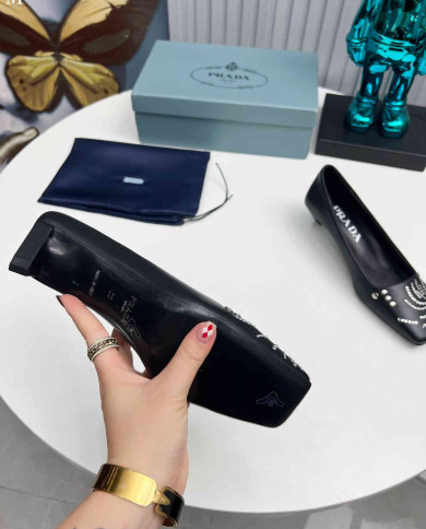 Prada Style Square Toe Rhinestone Low Heel Pumps
