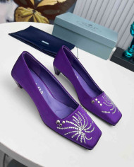 Prada Style Square Toe Rhinestone Low Heel Pumps