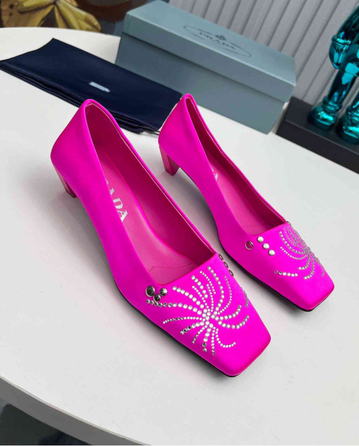 Prada Style Square Toe Rhinestone Low Heel Pumps