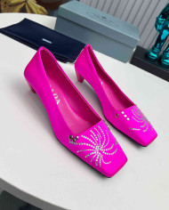 Prada Style Square Toe Rhinestone Low Heel Pumps