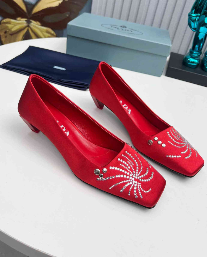 Prada Style Square Toe Rhinestone Low Heel Pumps
