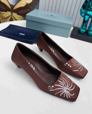 Prada Style Square Toe Rhinestone Low Heel Pumps