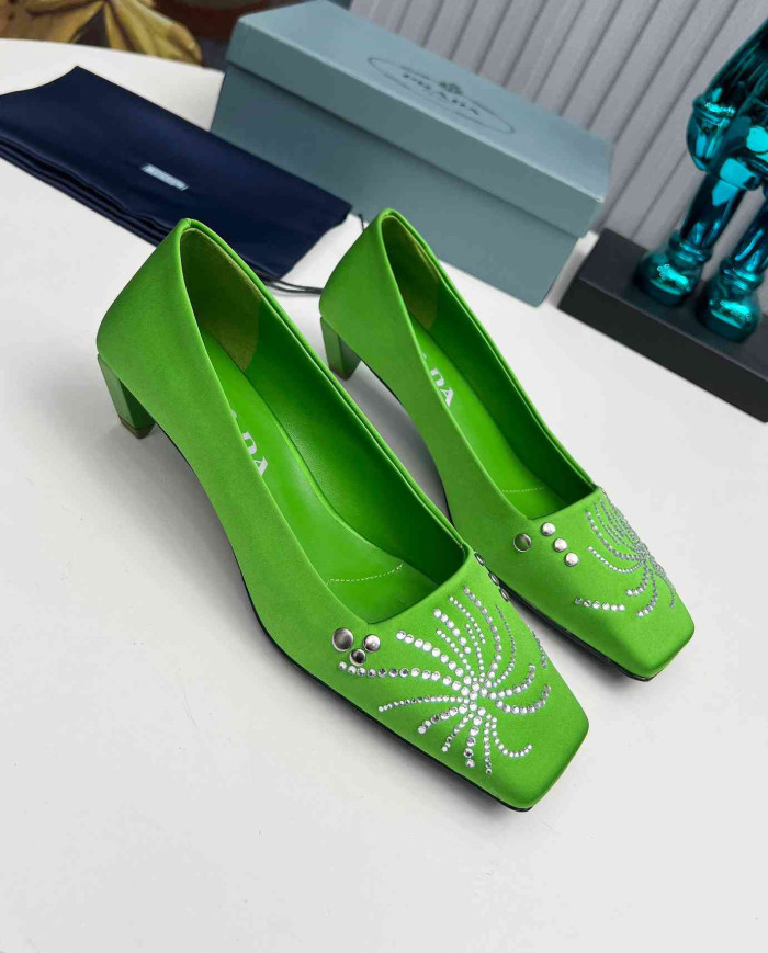 Prada Style Square Toe Rhinestone Low Heel Pumps