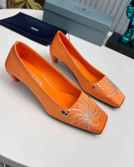 Prada Style Square Toe Rhinestone Low Heel Pumps