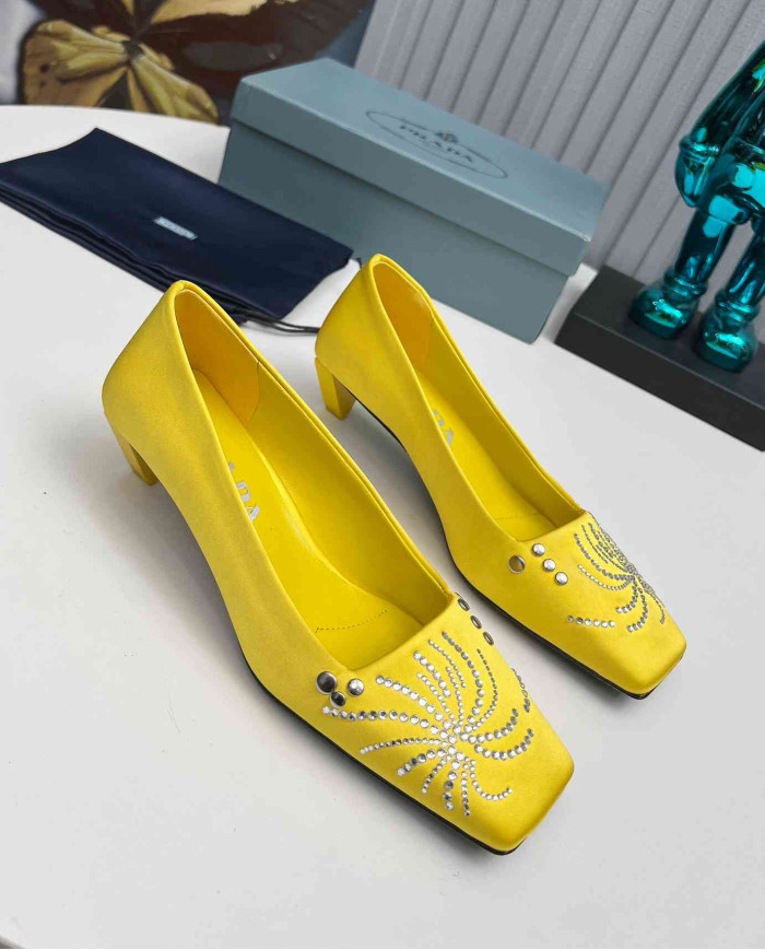 Prada Style Square Toe Rhinestone Low Heel Pumps