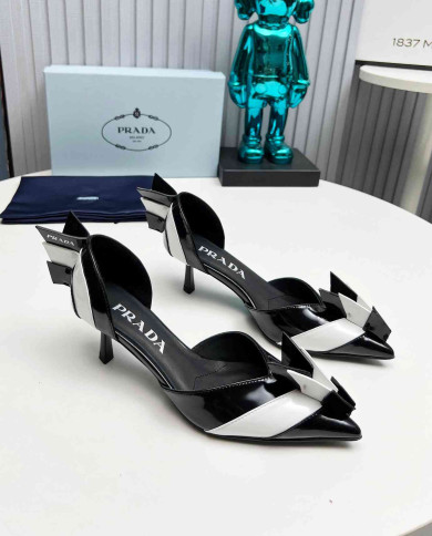 Prada Style Bowknot Color Block Pointed Toe Stiletto Heels
