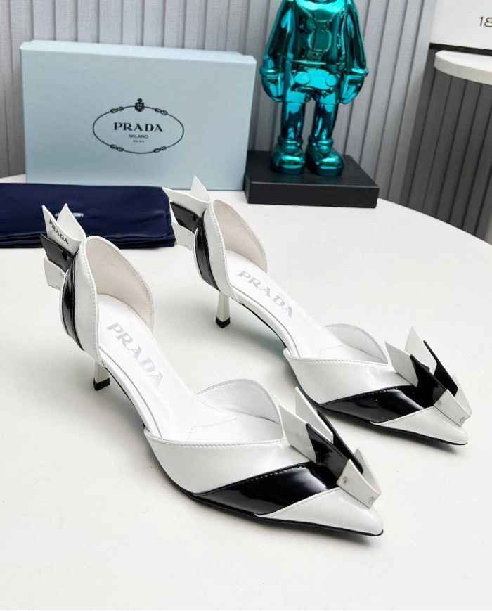 Prada Style Bowknot Color Block Pointed Toe Stiletto Heels