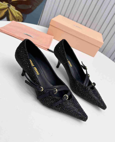 Miu Miu Style Rhinestone Pointed Toe Buckle Stiletto Heels