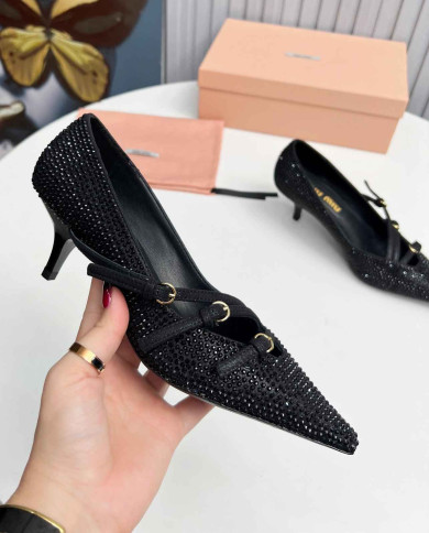 Miu Miu Style Rhinestone Pointed Toe Buckle Stiletto Heels