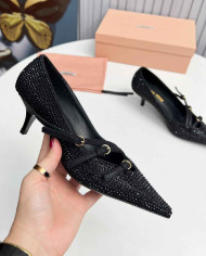Miu Miu Style Rhinestone Pointed Toe Buckle Stiletto Heels