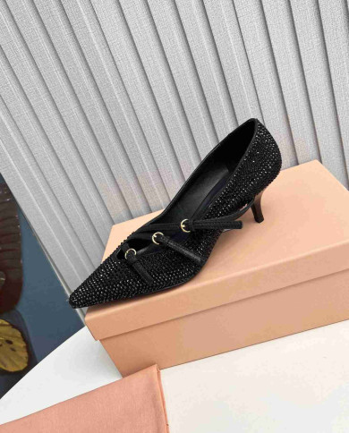 Miu Miu Style Rhinestone Pointed Toe Buckle Stiletto Heels