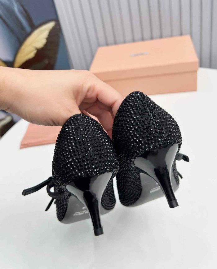 Miu Miu Style Rhinestone Pointed Toe Buckle Stiletto Heels