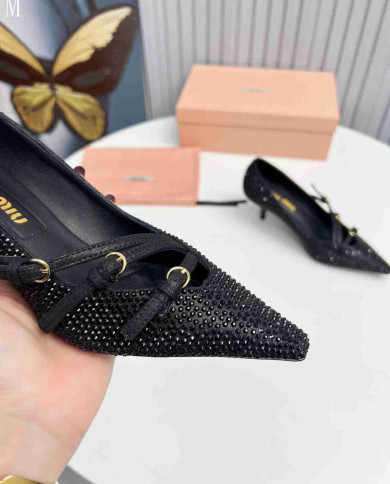 Miu Miu Style Rhinestone Pointed Toe Buckle Stiletto Heels
