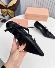 Miu Miu Style Rhinestone Pointed Toe Buckle Stiletto Heels