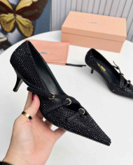 Miu Miu Style Rhinestone Pointed Toe Buckle Stiletto Heels