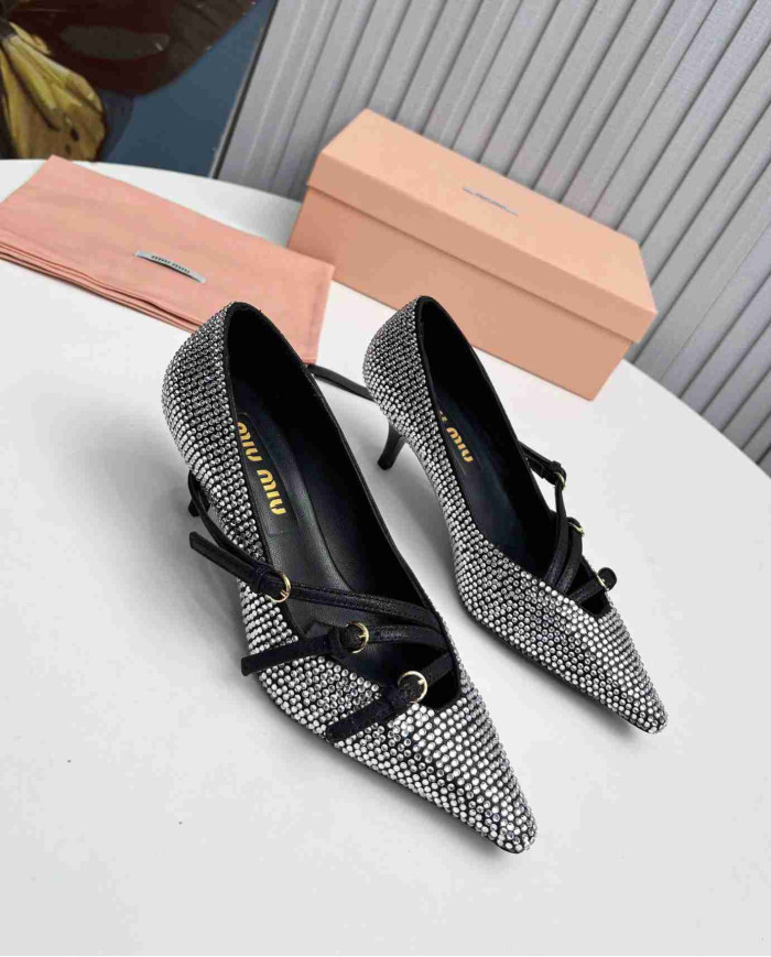 Miu Miu Style Rhinestone Pointed Toe Buckle Stiletto Heels