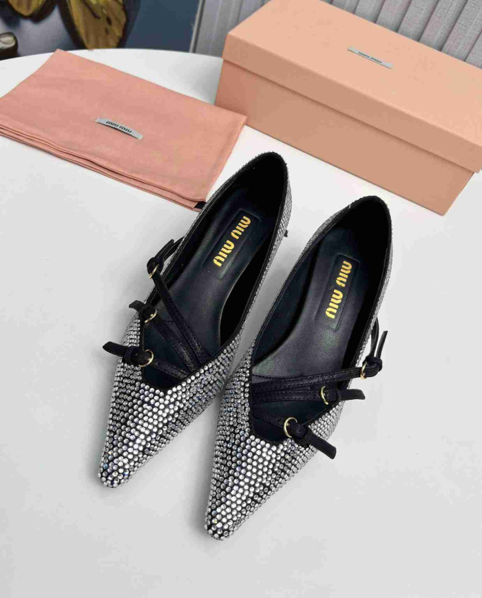 Miu Miu Style Rhinestone Pointed Toe Buckle Stiletto Heels