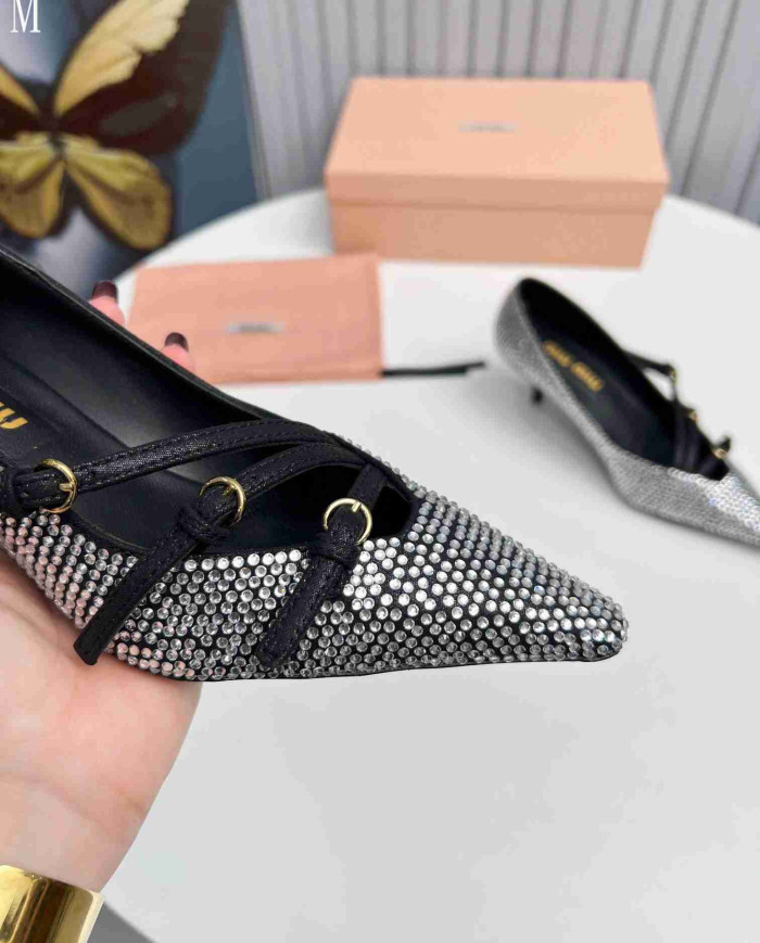 Miu Miu Style Rhinestone Pointed Toe Buckle Stiletto Heels