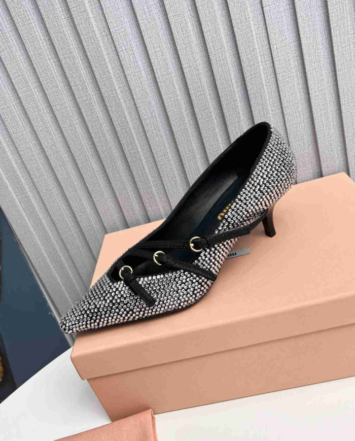 Miu Miu Style Rhinestone Pointed Toe Buckle Stiletto Heels