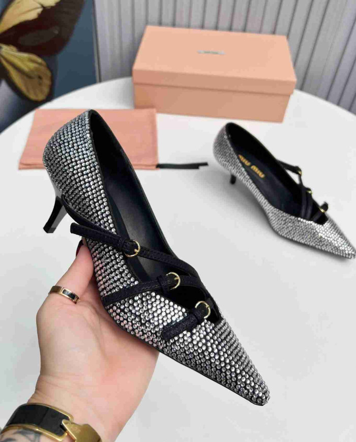 Miu Miu Style Rhinestone Pointed Toe Buckle Stiletto Heels