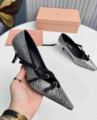 Miu Miu Style Rhinestone Pointed Toe Buckle Stiletto Heels