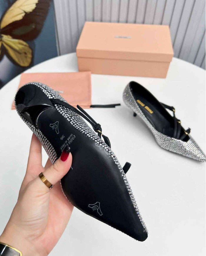 Miu Miu Style Rhinestone Pointed Toe Buckle Stiletto Heels
