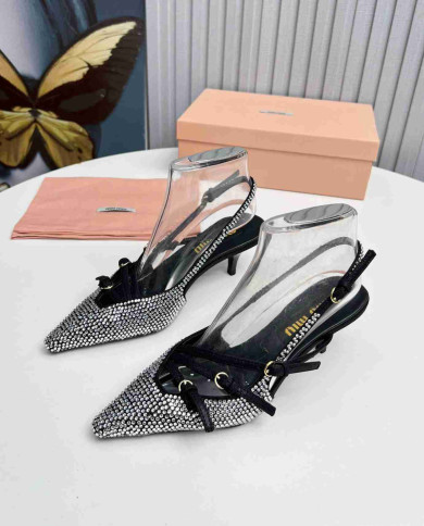 Miu Miu Style Rhinestone Pointed Toe Buckle Strap Stiletto Sandals