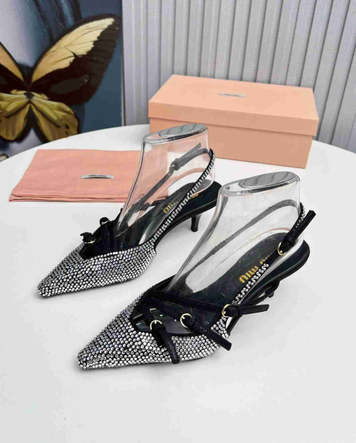 Miu Miu Style Rhinestone Pointed Toe Buckle Strap Stiletto Sandals