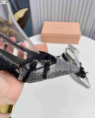 Miu Miu Style Rhinestone Pointed Toe Buckle Strap Stiletto Sandals