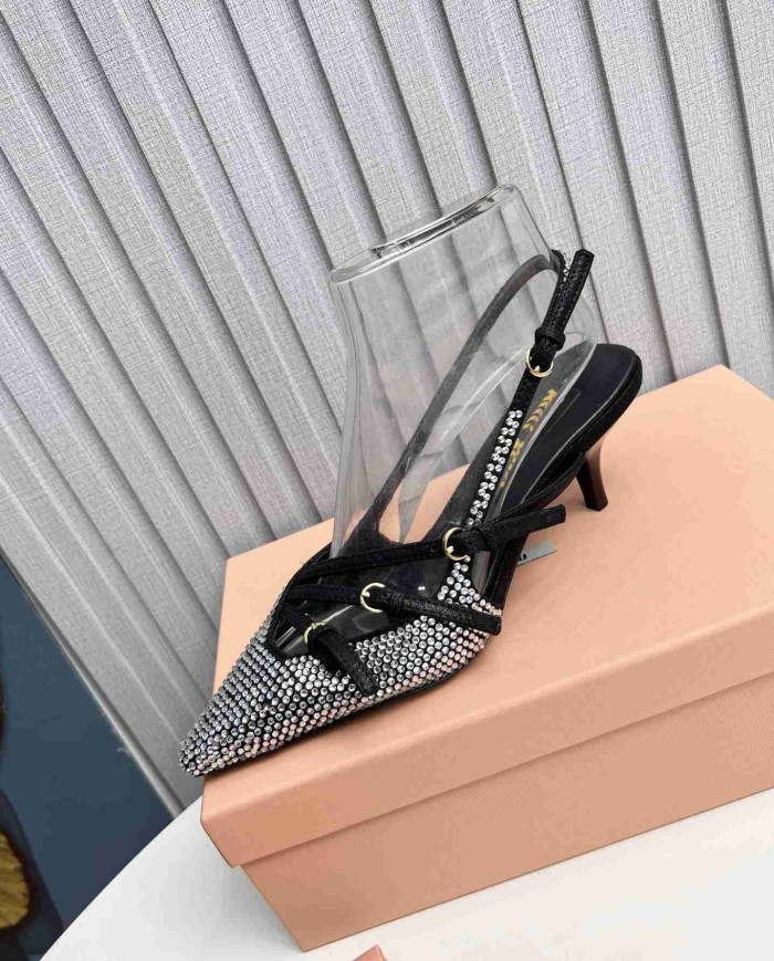 Miu Miu Style Rhinestone Pointed Toe Buckle Strap Stiletto Sandals