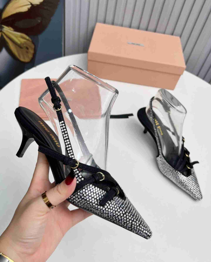 Miu Miu Style Rhinestone Pointed Toe Buckle Strap Stiletto Sandals