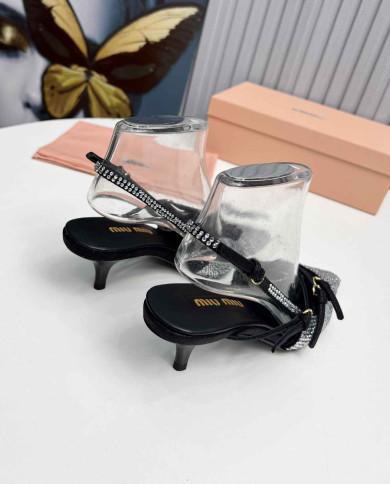 Miu Miu Style Rhinestone Pointed Toe Buckle Strap Stiletto Sandals