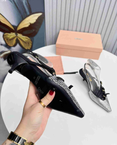Miu Miu Style Rhinestone Pointed Toe Buckle Strap Stiletto Sandals