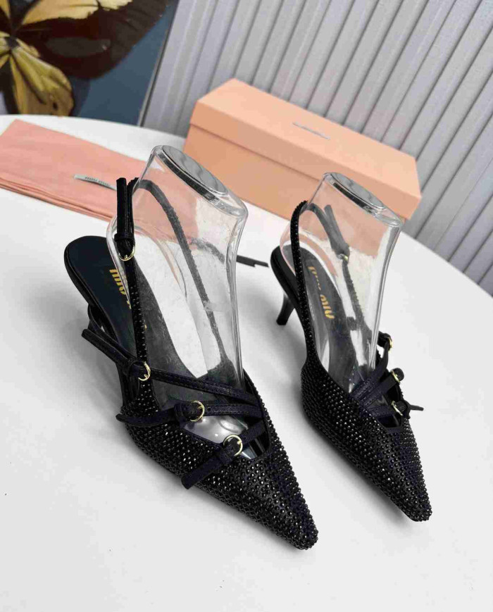Miu Miu Style Rhinestone Pointed Toe Buckle Strap Stiletto Sandals