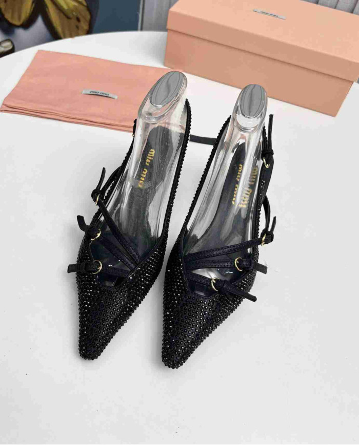 Miu Miu Style Rhinestone Pointed Toe Buckle Strap Stiletto Sandals