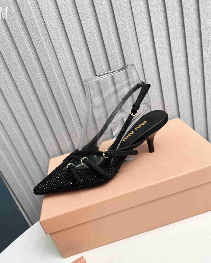 Miu Miu Style Rhinestone Pointed Toe Buckle Strap Stiletto Sandals