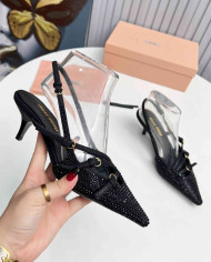 Miu Miu Style Rhinestone Pointed Toe Buckle Strap Stiletto Sandals