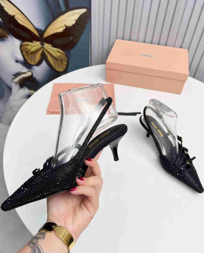 Miu Miu Style Rhinestone Pointed Toe Buckle Strap Stiletto Sandals