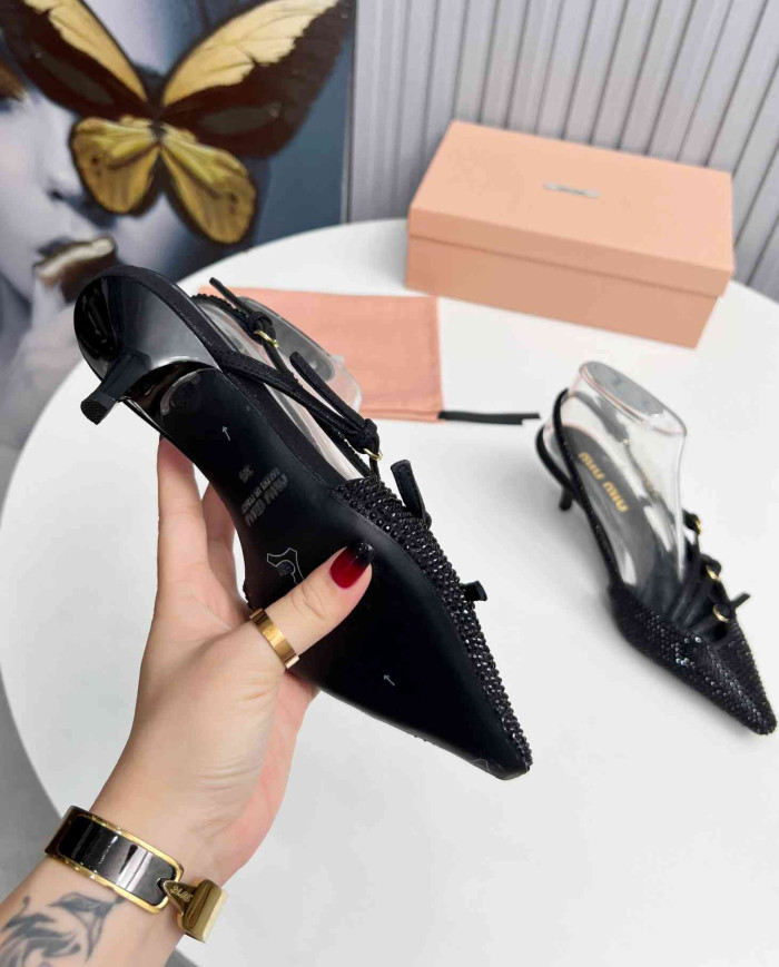 Miu Miu Style Rhinestone Pointed Toe Buckle Strap Stiletto Sandals