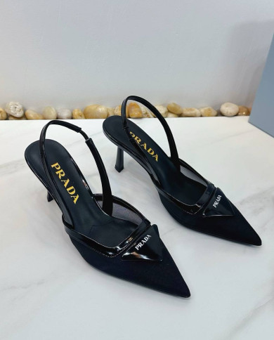Prada Style Pointed Toe Triangle Logo Slingback Heels