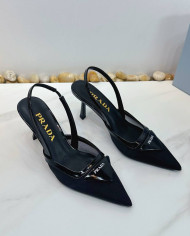 Prada Style Pointed Toe Triangle Logo Slingback Heels
