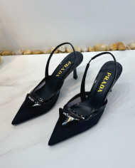 Prada Style Pointed Toe Triangle Logo Slingback Heels