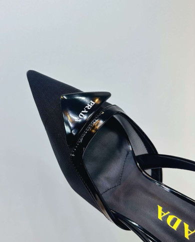 Prada Style Pointed Toe Triangle Logo Slingback Heels