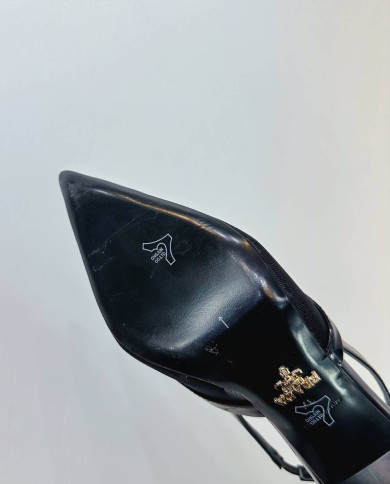 Prada Style Pointed Toe Triangle Logo Slingback Heels