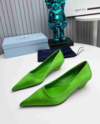 Prada Style Pointed Toe Block Heel Solid Pumps