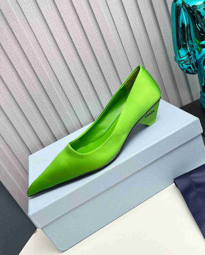 Prada Style Pointed Toe Block Heel Solid Pumps